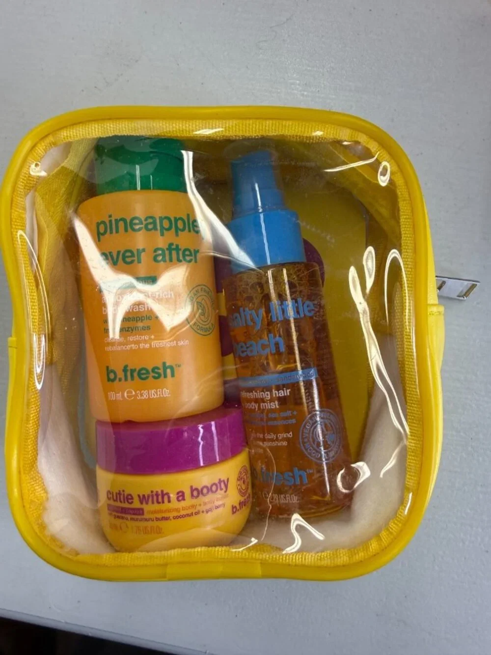 NIB b.fresh tropalicious travel trio mini body care kit in yellow zip case new